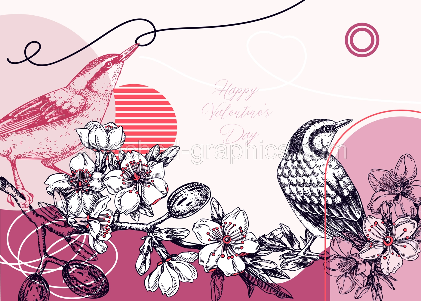 Valentine's day card. Collage style doves background. Hand-drawn vector illustration. Beautiful bird, blooming branch, spring flower sketches. Trendy style love frame, print, poster Illustration